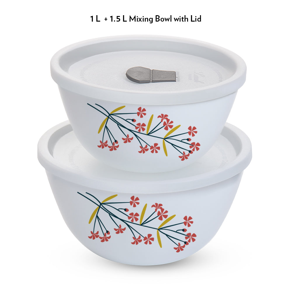 Larah by Borosil Red Bud 4 pc Mixing Bowl, 1 L + 1.5 L