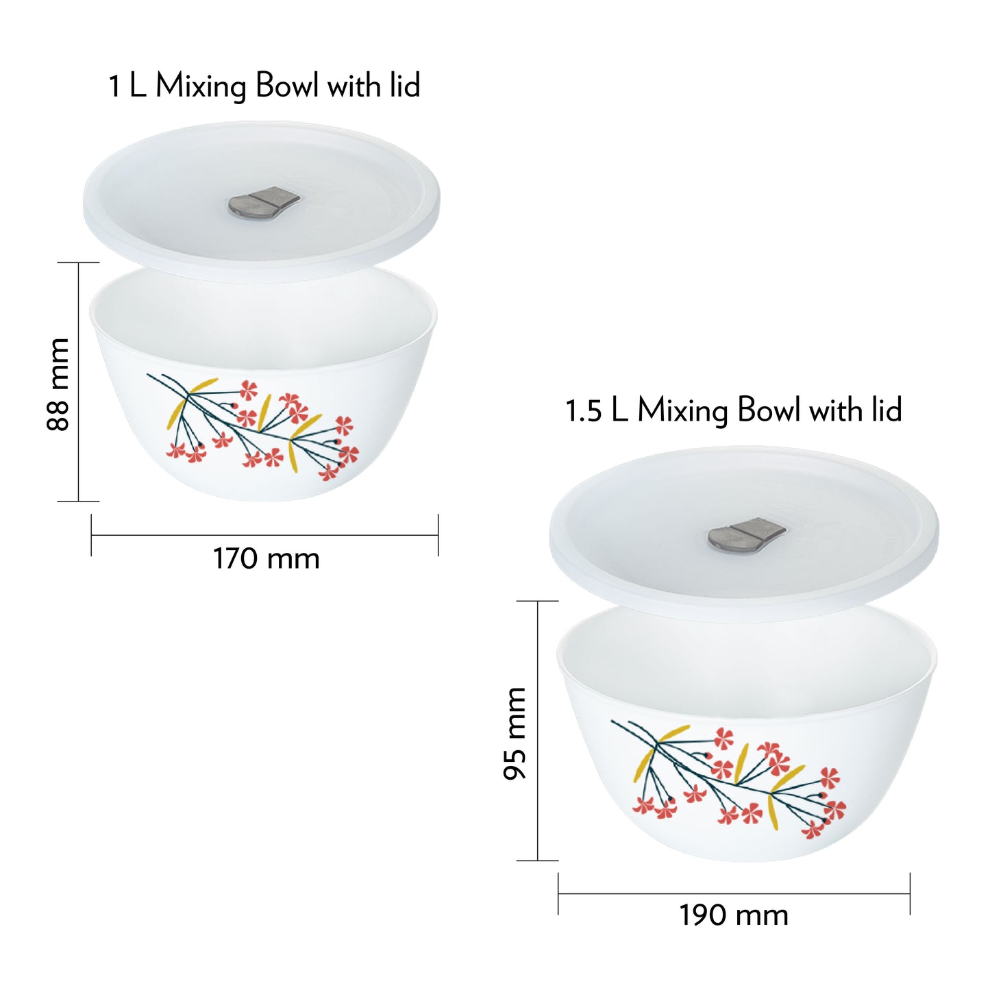 Larah by Borosil Red Bud 4 pc Mixing Bowl, 1 L + 1.5 L