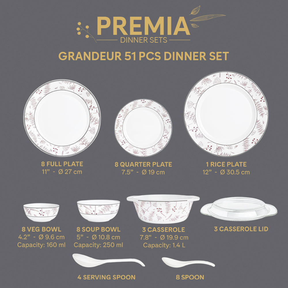 Larah By Borosil Grandeur Dinner Set, 51 pc