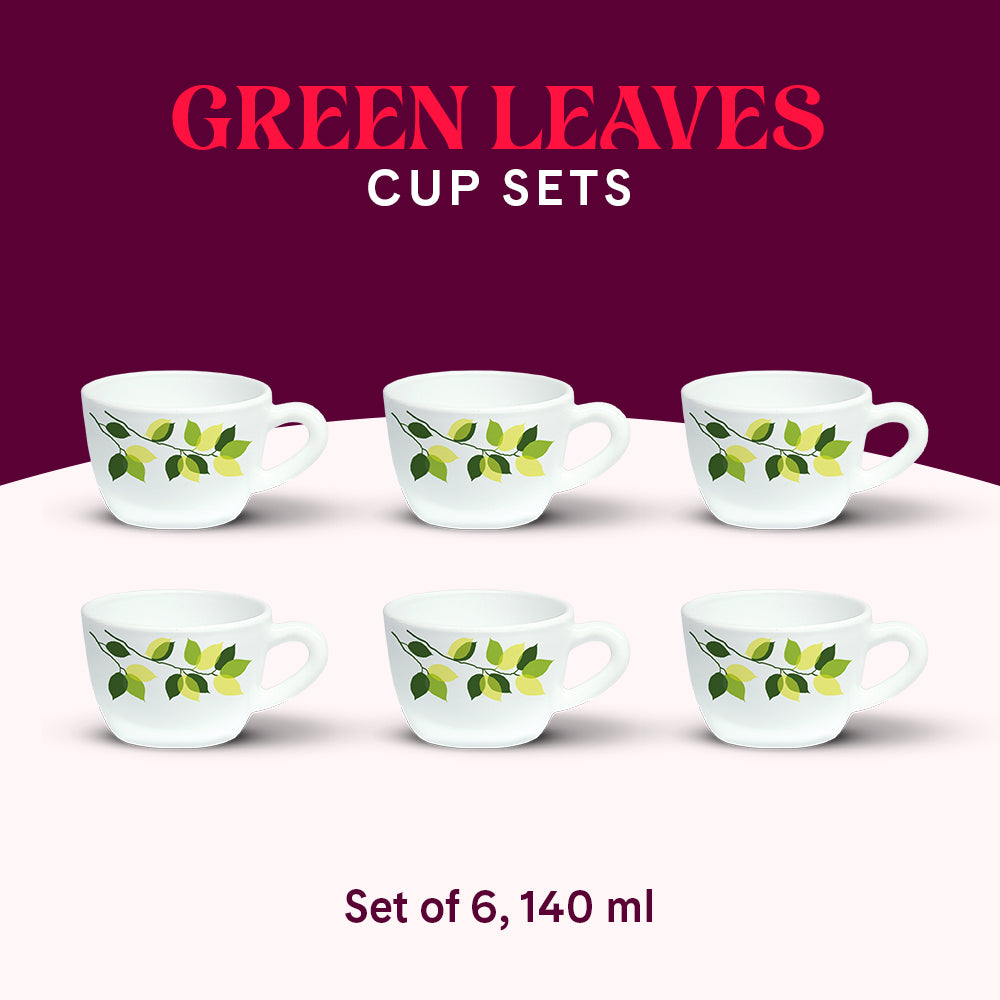 Larah By Borosil Green Leaves Cup Set 140 ml x 6