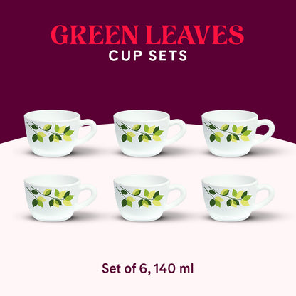 Larah By Borosil Green Leaves Cup Set 140 ml x 6