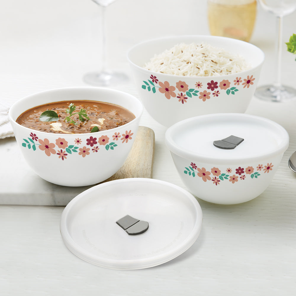 Larah by Borosil Ayana Mixing Bowl Set w Lid, 6 pc Set (500ml + 750ml + 1 L)