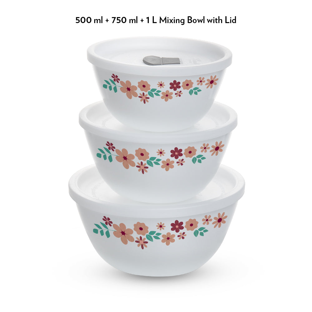 Larah by Borosil Ayana Mixing Bowl Set w Lid, 6 pc Set (500ml + 750ml + 1 L)