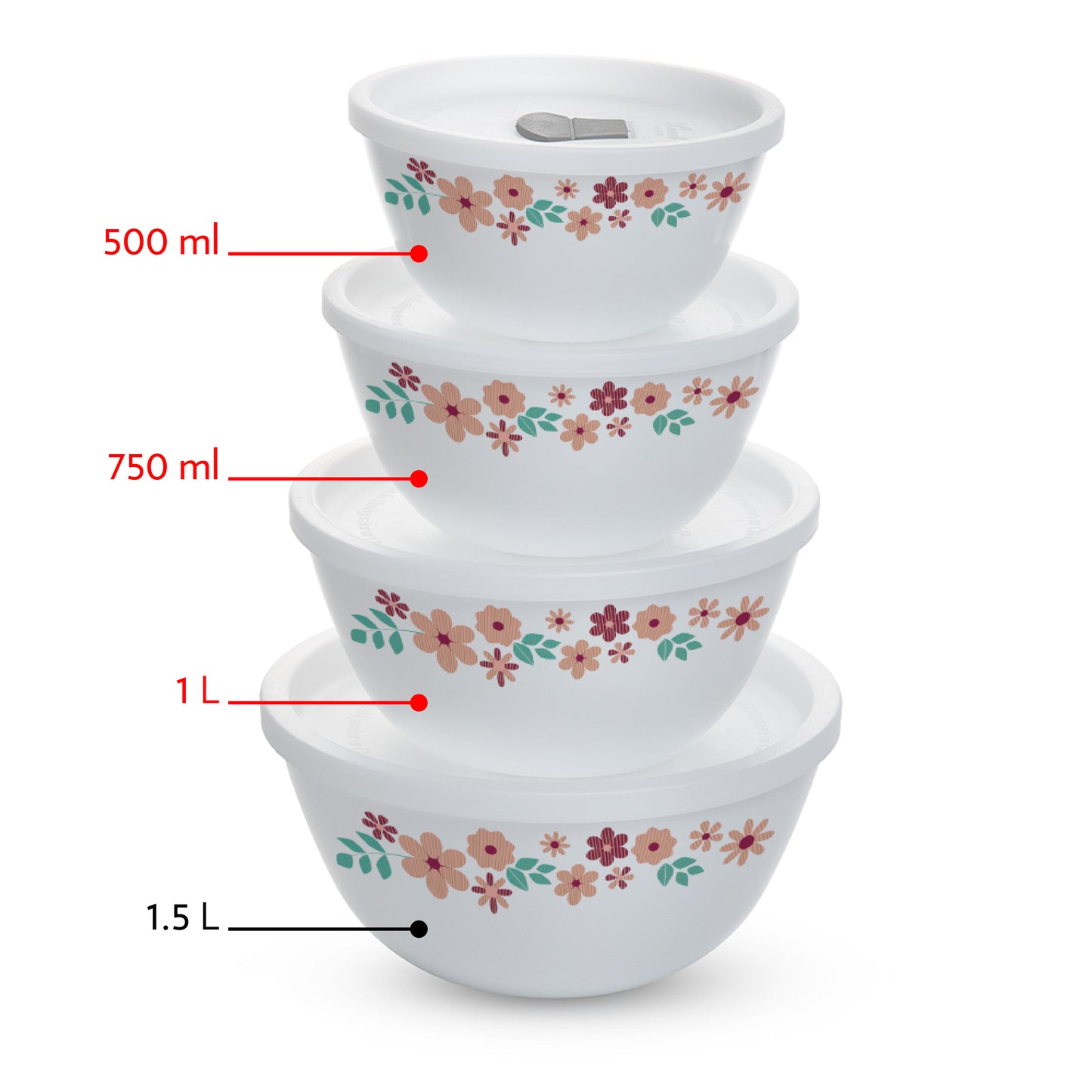 Larah by Borosil Ayana Mixing Bowl Set w Lid, 6 pc Set (500ml + 750ml + 1 L)