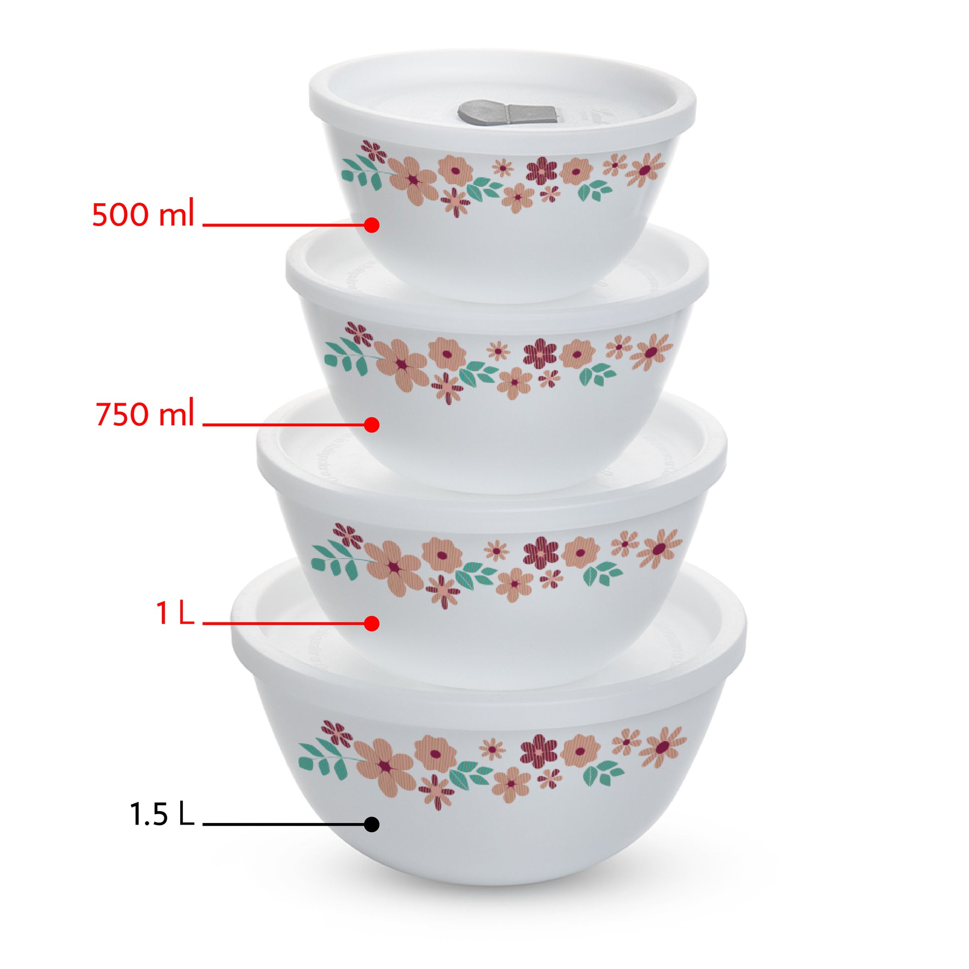 Larah by Borosil Ayana Mixing Bowl Set w Lid, 6 pc Set (500ml + 750ml + 1 L)