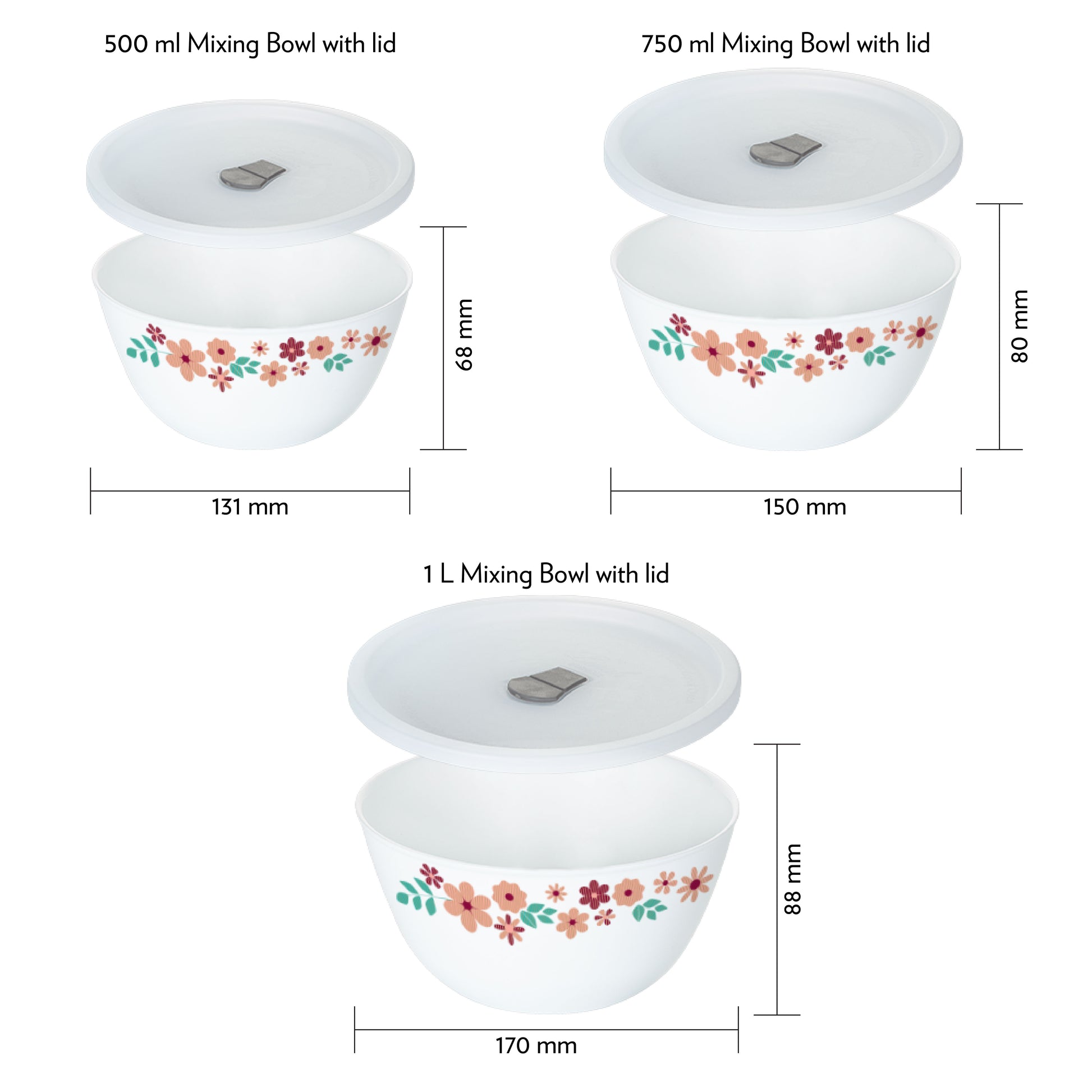 Larah by Borosil Ayana Mixing Bowl Set w Lid, 6 pc Set (500ml + 750ml + 1 L)