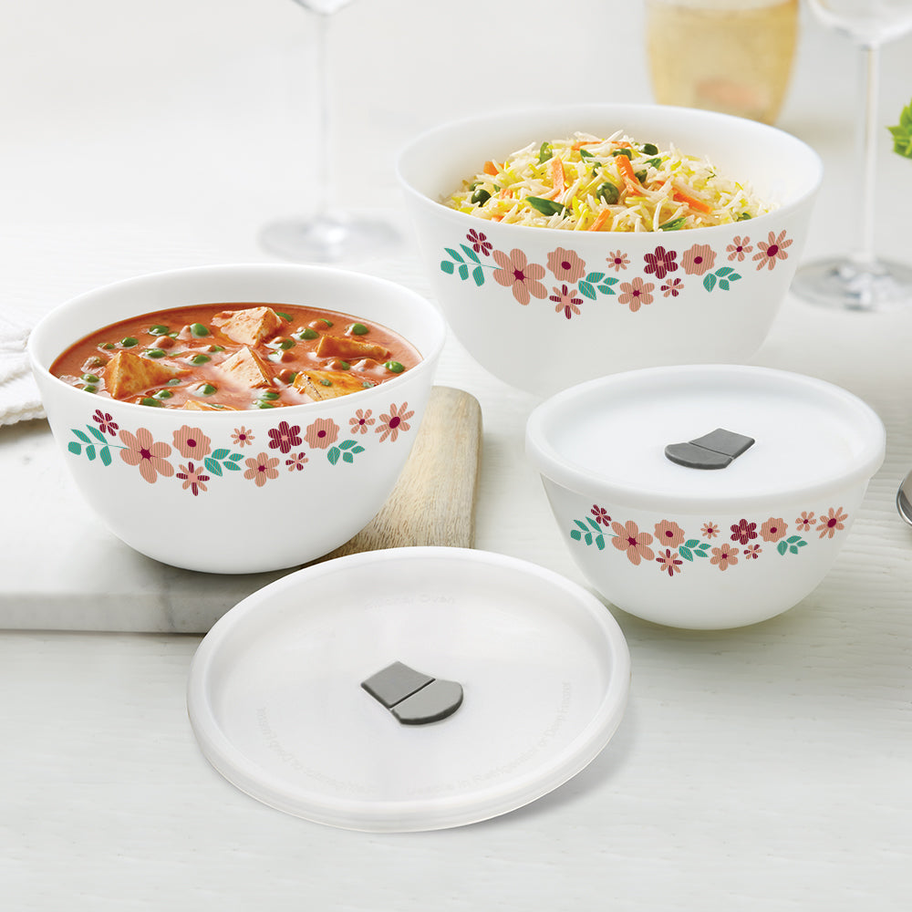 Larah by Borosil Ayana Mixing Bowl Set w Lid, 6 pc Set (500ml + 1L + 1.5 L)
