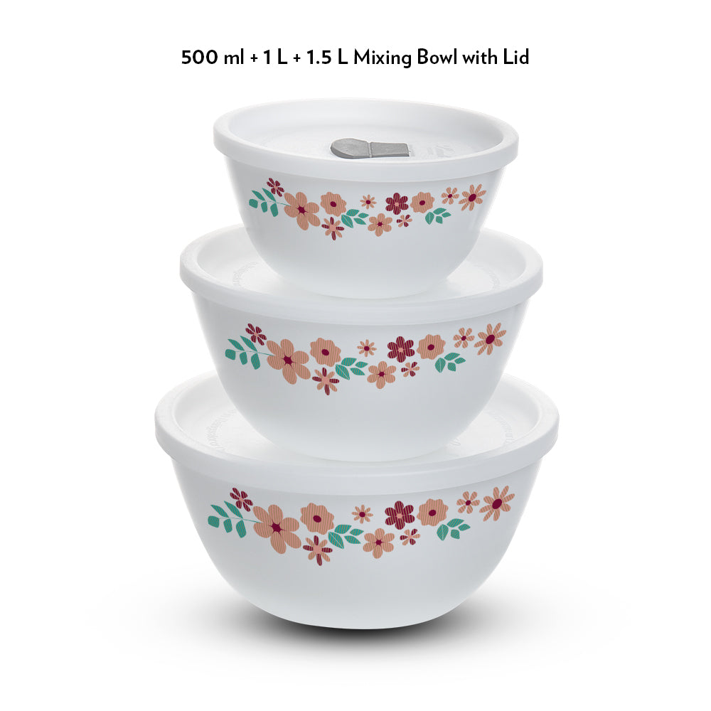 Larah by Borosil Ayana Mixing Bowl Set w Lid, 6 pc Set (500ml + 1L + 1.5 L)