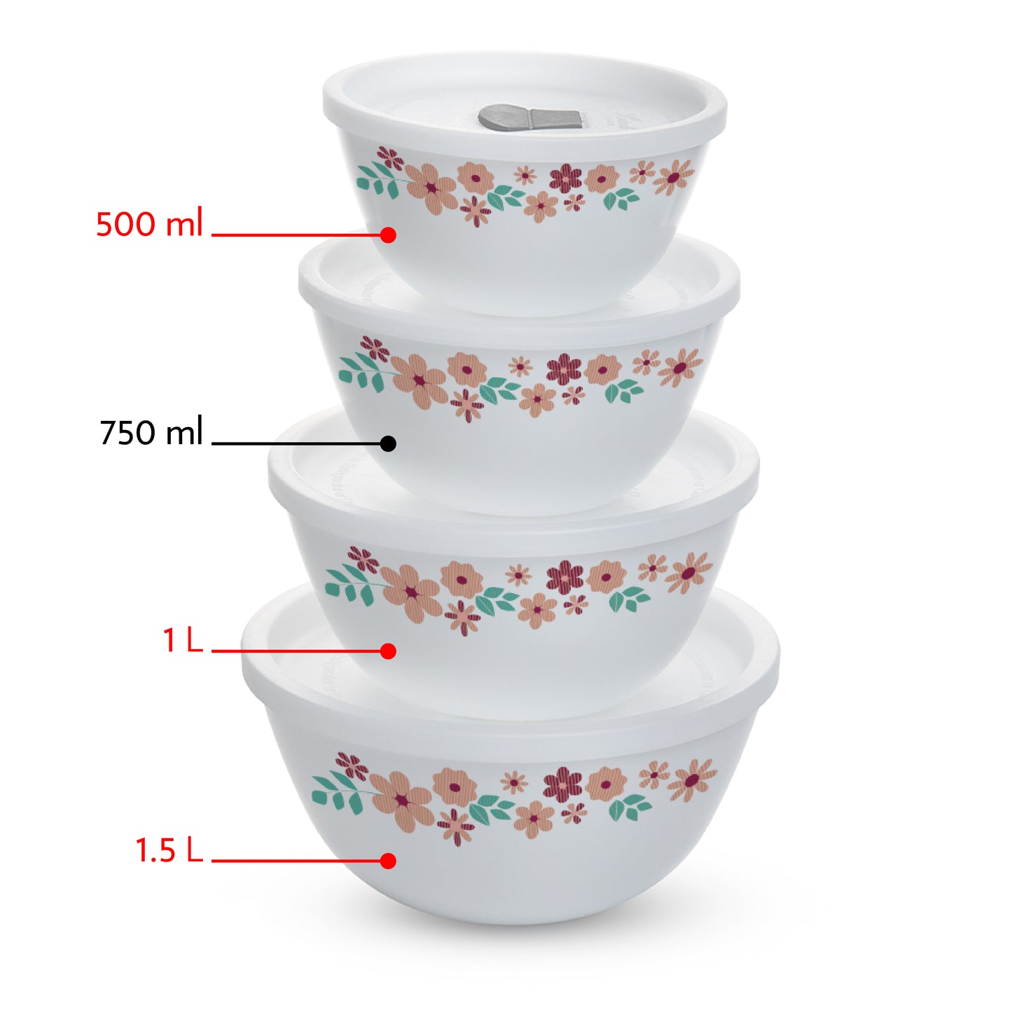 Larah by Borosil Ayana Mixing Bowl Set w Lid, 6 pc Set (500ml + 1L + 1.5 L)
