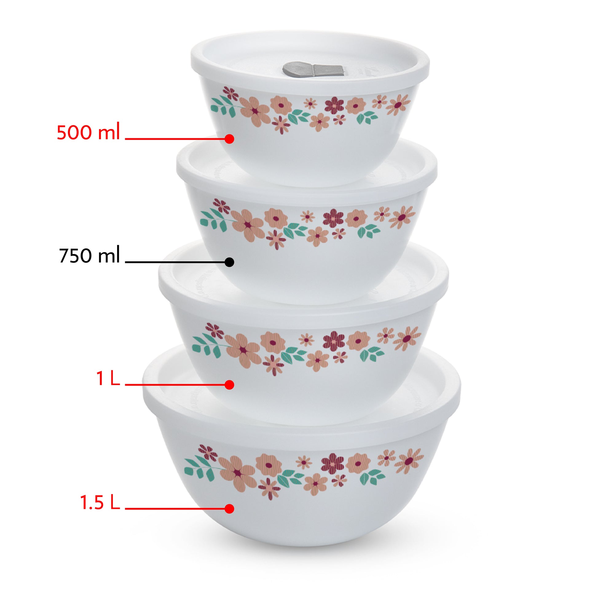 Larah by Borosil Ayana Mixing Bowl Set w Lid, 6 pc Set (500ml + 1L + 1.5 L)