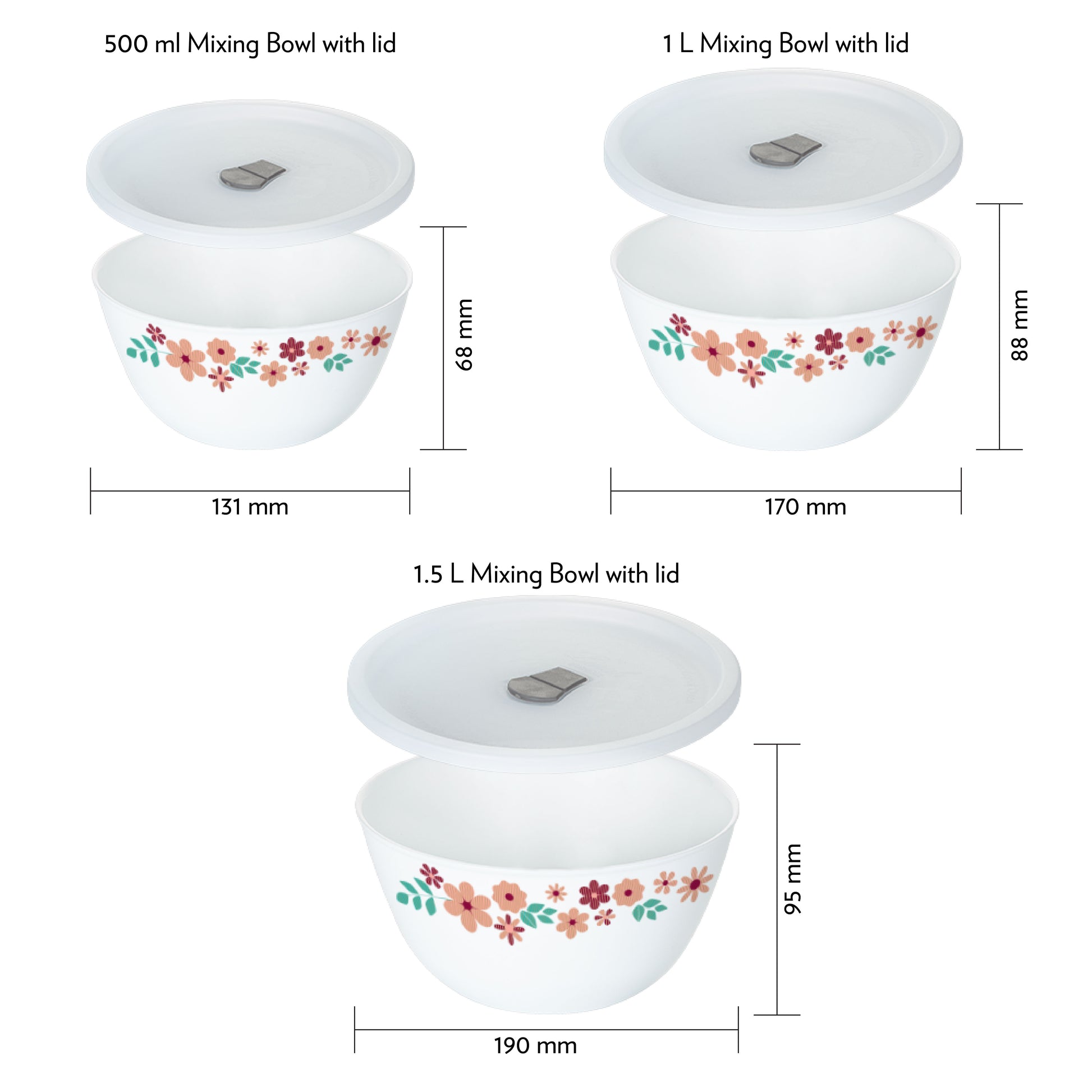 Larah by Borosil Ayana Mixing Bowl Set w Lid, 6 pc Set (500ml + 1L + 1.5 L)