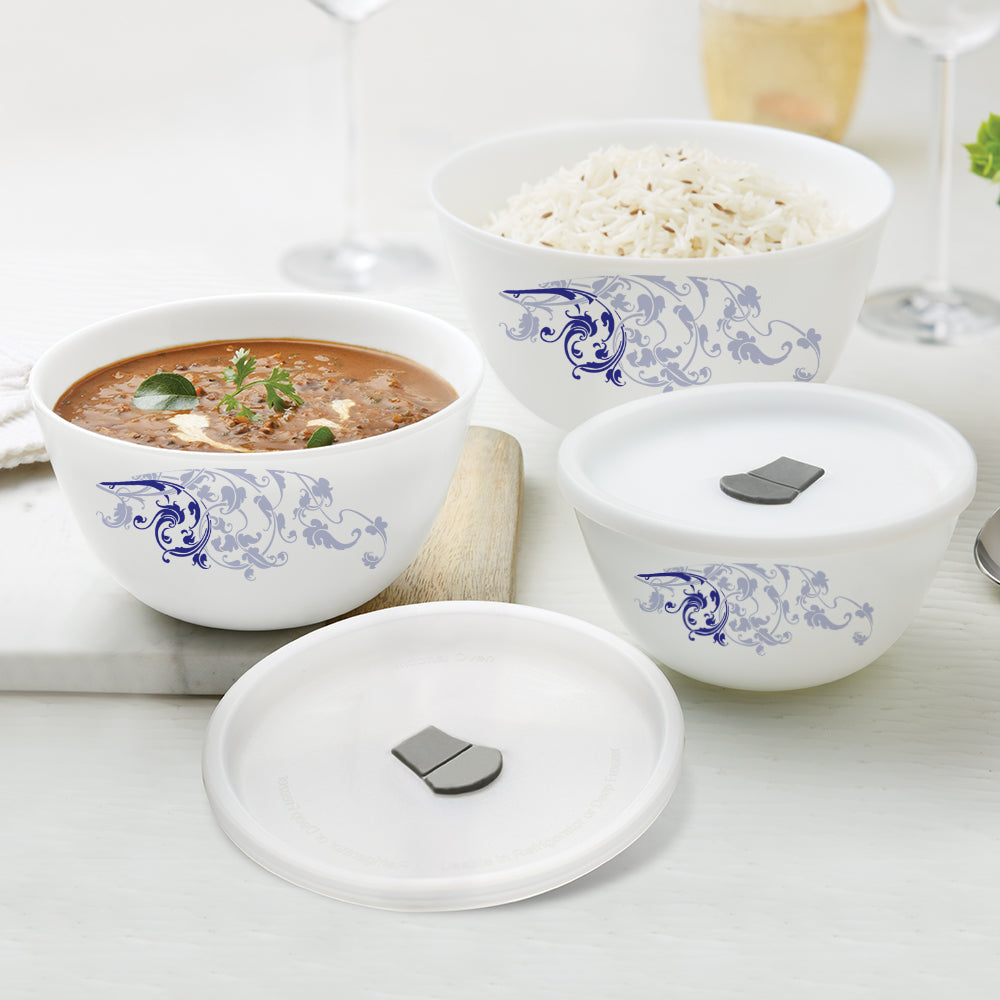 Larah by Borosil Blue Eve Mixing Bowl Set w Lid, 6 pc Set (500ml + 750ml + 1 L)