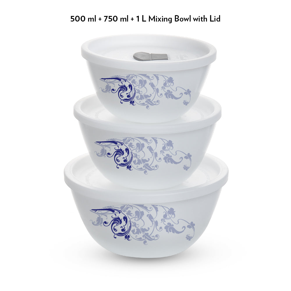 Larah by Borosil Blue Eve Mixing Bowl Set w Lid, 6 pc Set (500ml + 750ml + 1 L)