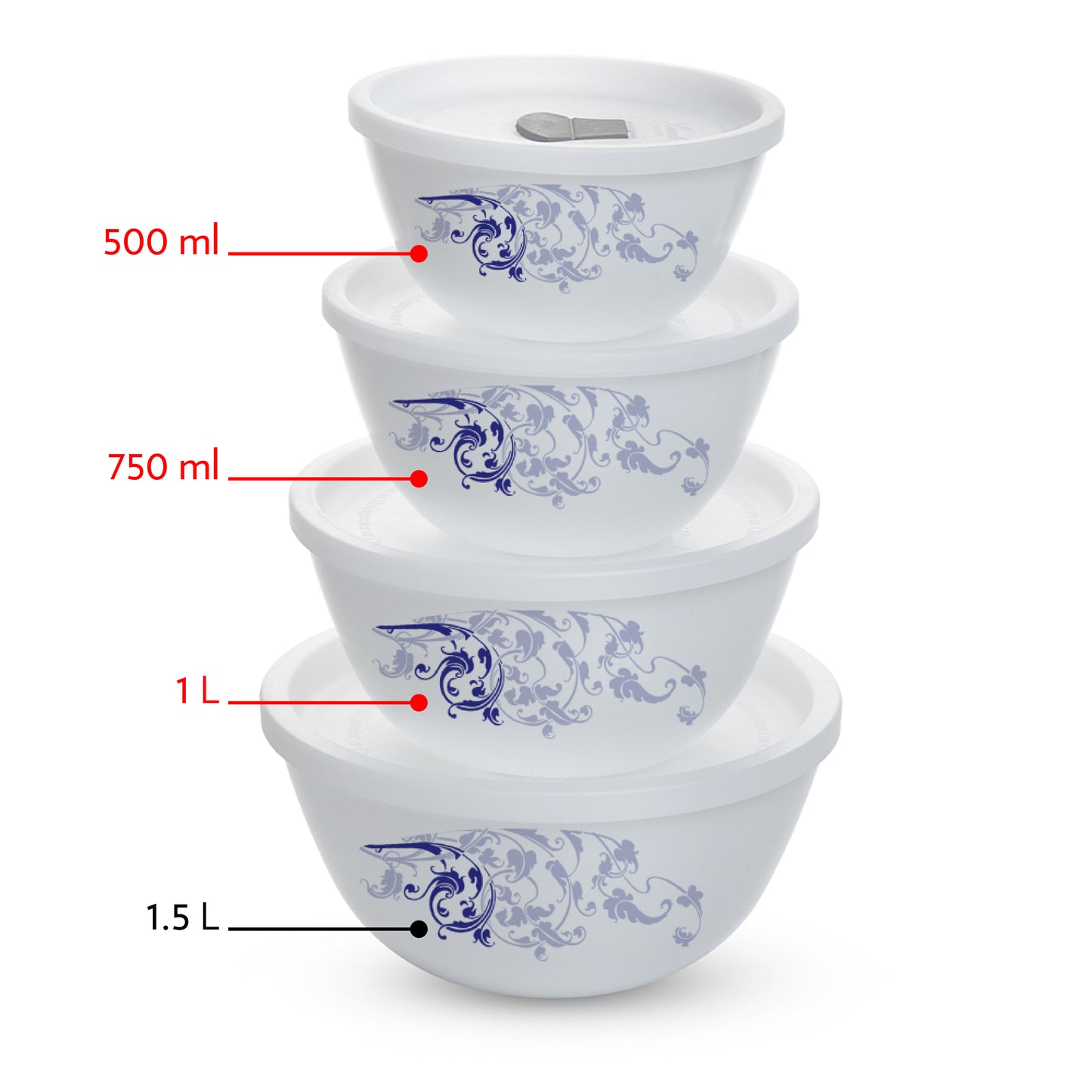 Larah by Borosil Blue Eve Mixing Bowl Set w Lid, 6 pc Set (500ml + 750ml + 1 L)
