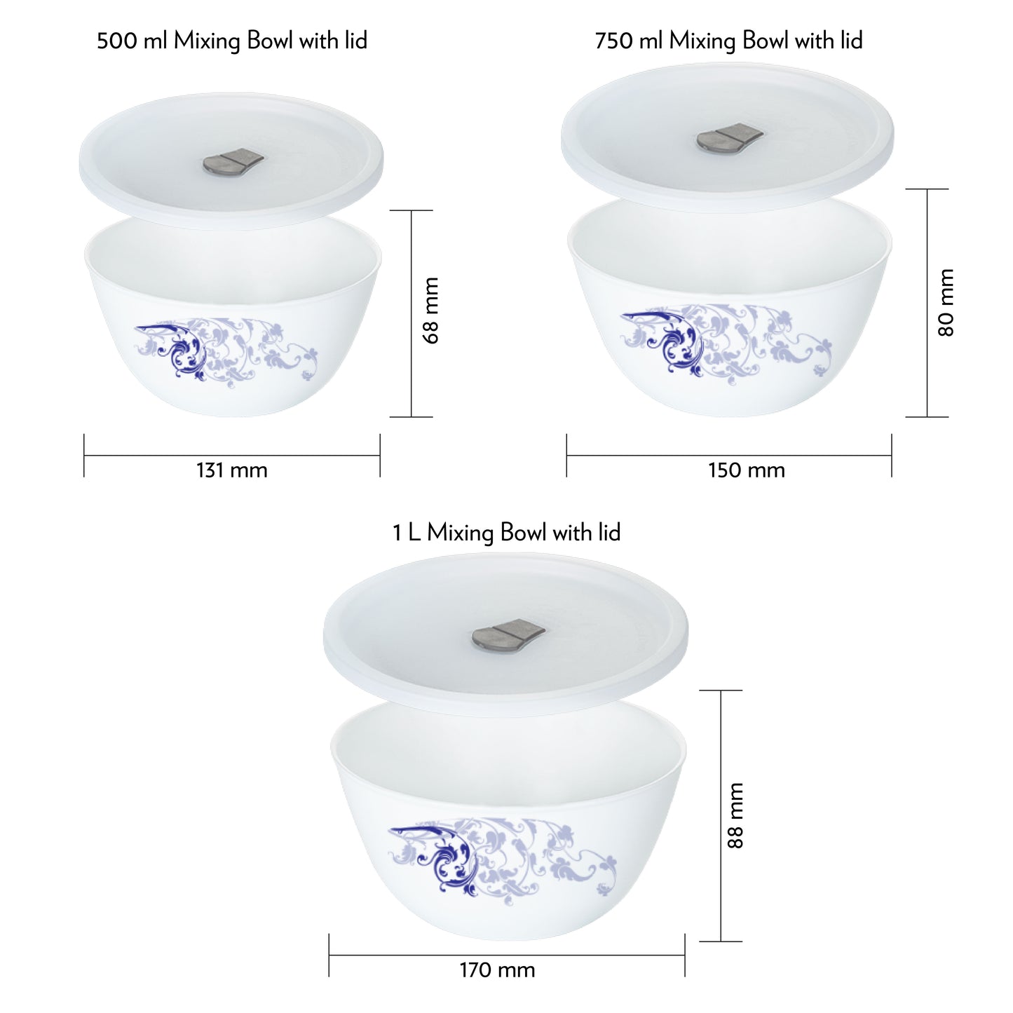 Larah by Borosil Blue Eve Mixing Bowl Set w Lid, 6 pc Set (500ml + 750ml + 1 L)