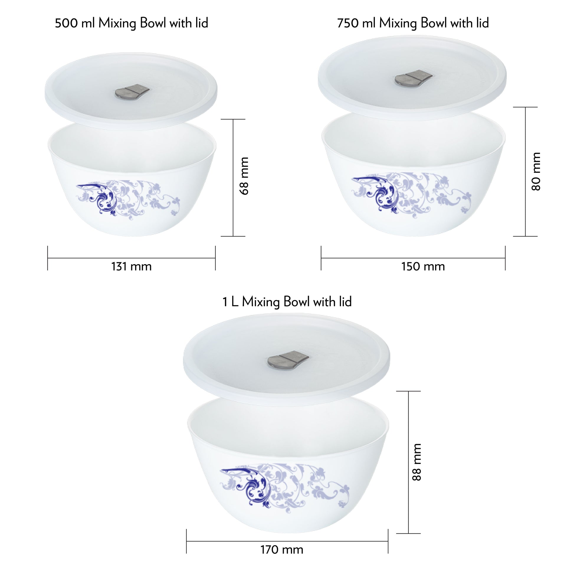 Larah by Borosil Blue Eve Mixing Bowl Set w Lid, 6 pc Set (500ml + 750ml + 1 L)