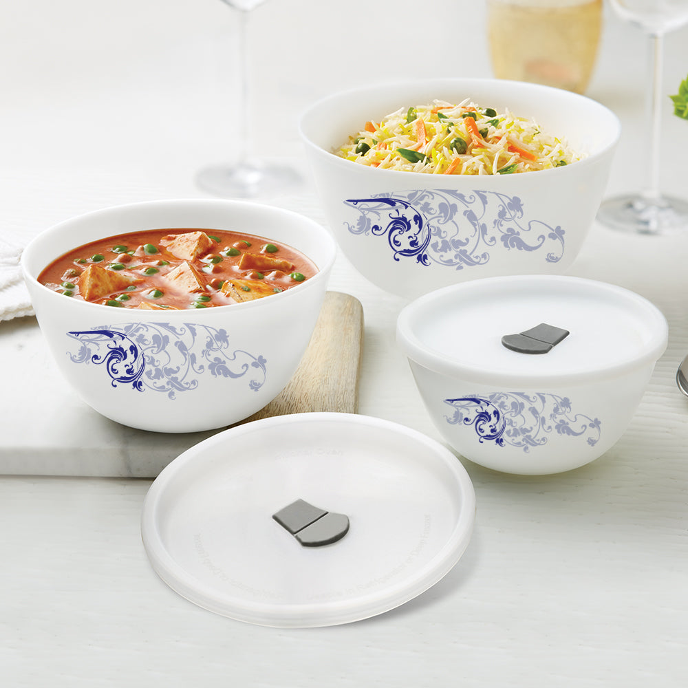 Larah by Borosil Blue Eve Mixing Bowl Set w Lid, 6 pc Set (500ml + 1L + 1.5 L)