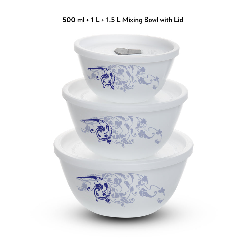 Larah by Borosil Blue Eve Mixing Bowl Set w Lid, 6 pc Set (500ml + 1L + 1.5 L)