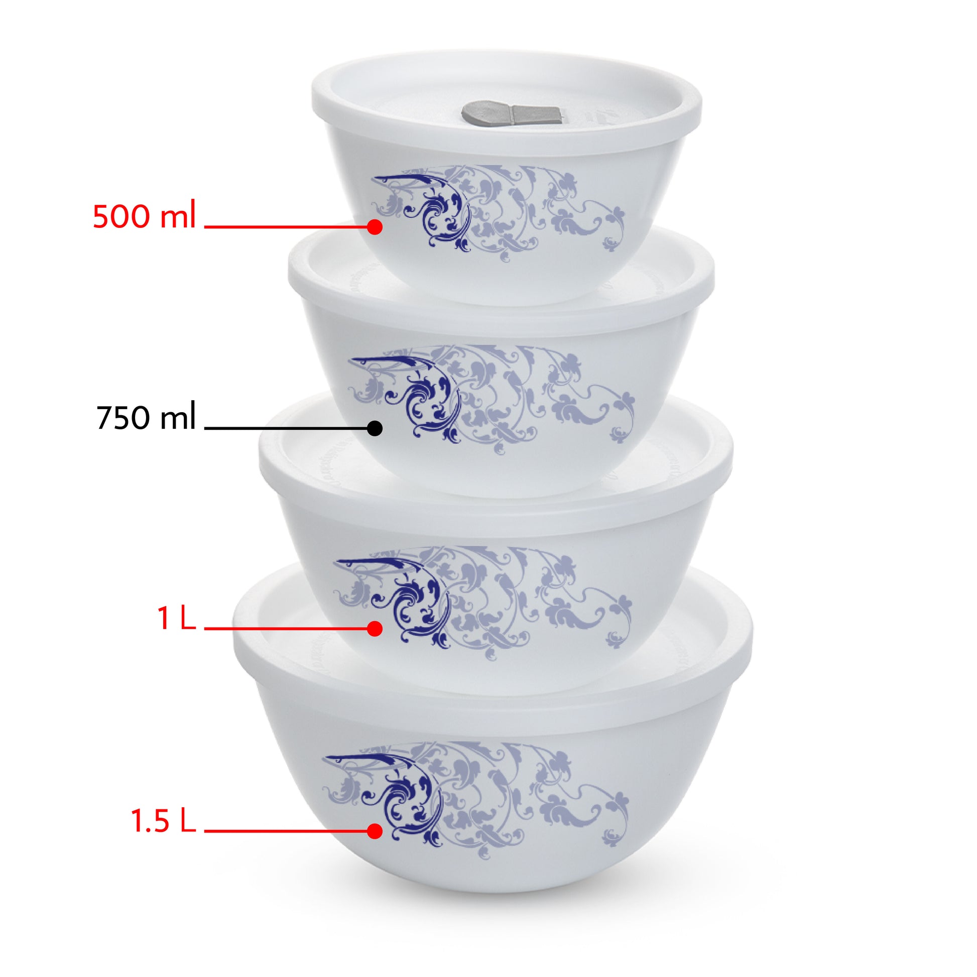 Larah by Borosil Blue Eve Mixing Bowl Set w Lid, 6 pc Set (500ml + 1L + 1.5 L)