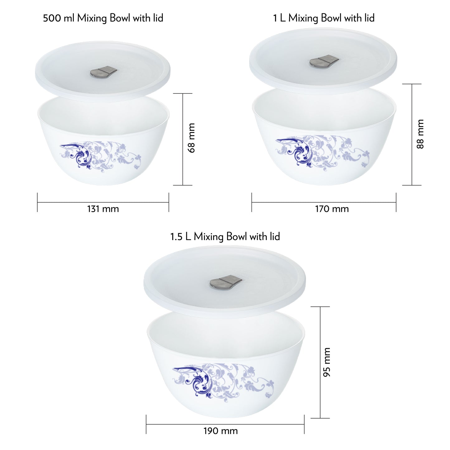 Larah by Borosil Blue Eve Mixing Bowl Set w Lid, 6 pc Set (500ml + 1L + 1.5 L)