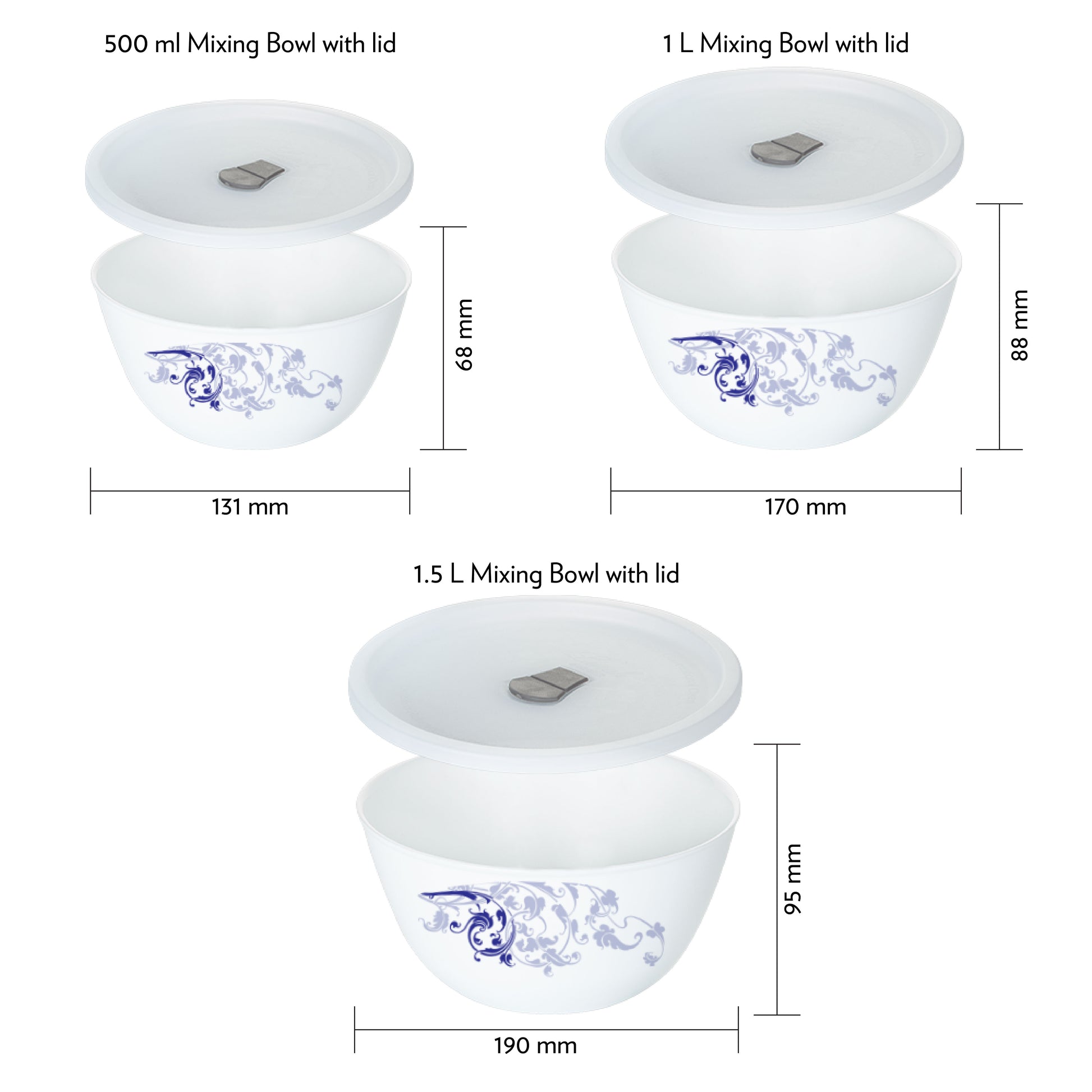 Larah by Borosil Blue Eve Mixing Bowl Set w Lid, 6 pc Set (500ml + 1L + 1.5 L)