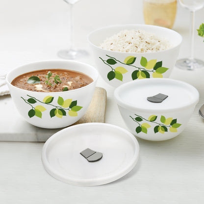 Larah by Borosil Green Leaves 4 pc Mixing Bowl, 1 L + 750 ml + 500 ml