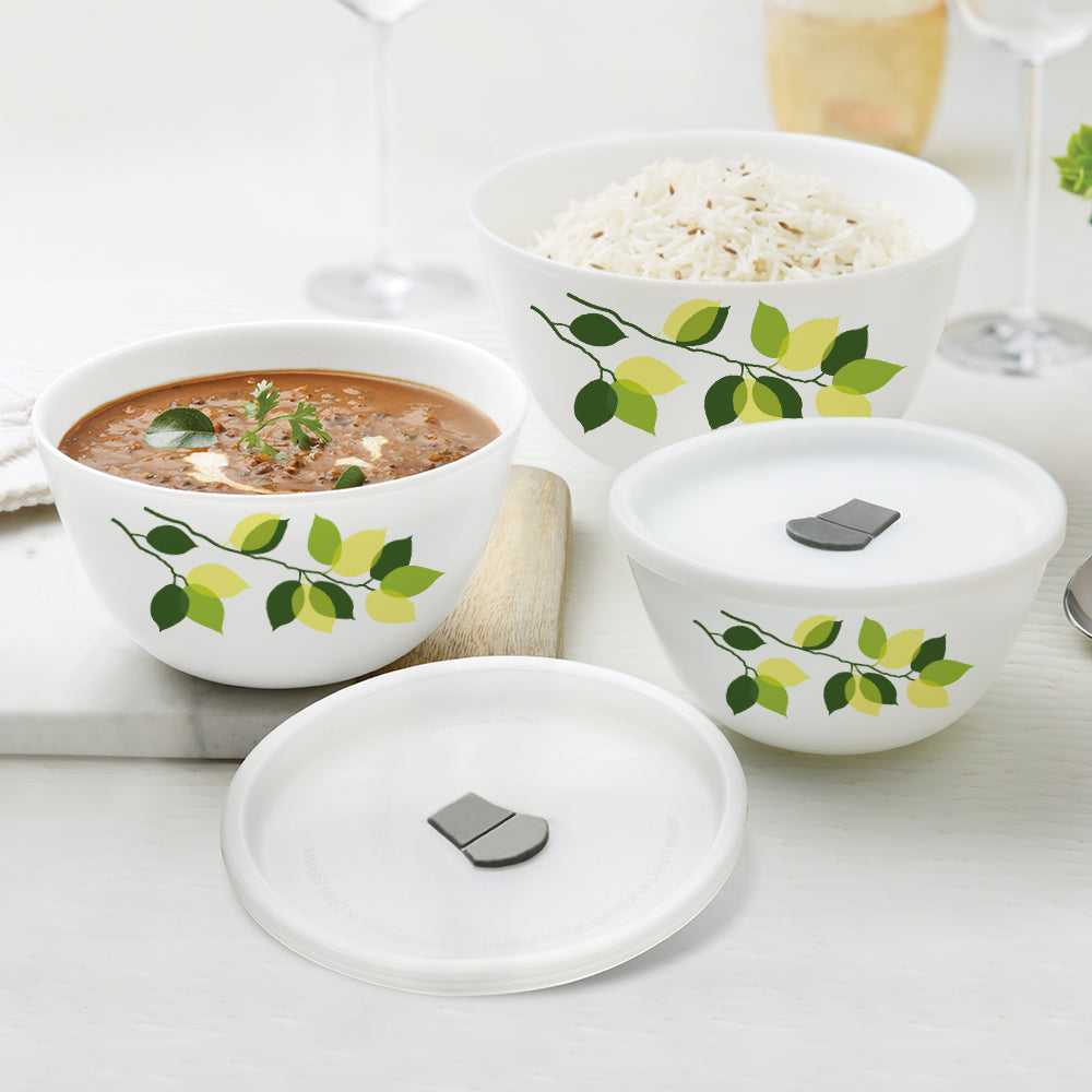 Larah by Borosil Green Leaves 4 pc Mixing Bowl, 1 L + 750 ml + 500 ml