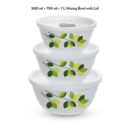 Larah by Borosil Green Leaves 4 pc Mixing Bowl, 1 L + 750 ml + 500 ml