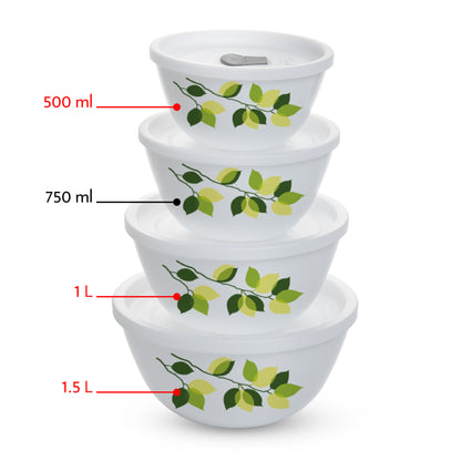 Larah by Borosil Green Leaves 4 pc Mixing Bowl, 500 ml + 1 L + 1.5 L