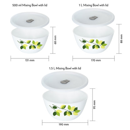 Larah by Borosil Green Leaves 4 pc Mixing Bowl, 500 ml + 1 L + 1.5 L