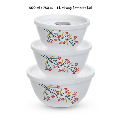 Larah by Borosil Red Bud 4 pc Mixing Bowl, 1 L + 750 ml + 500 ml