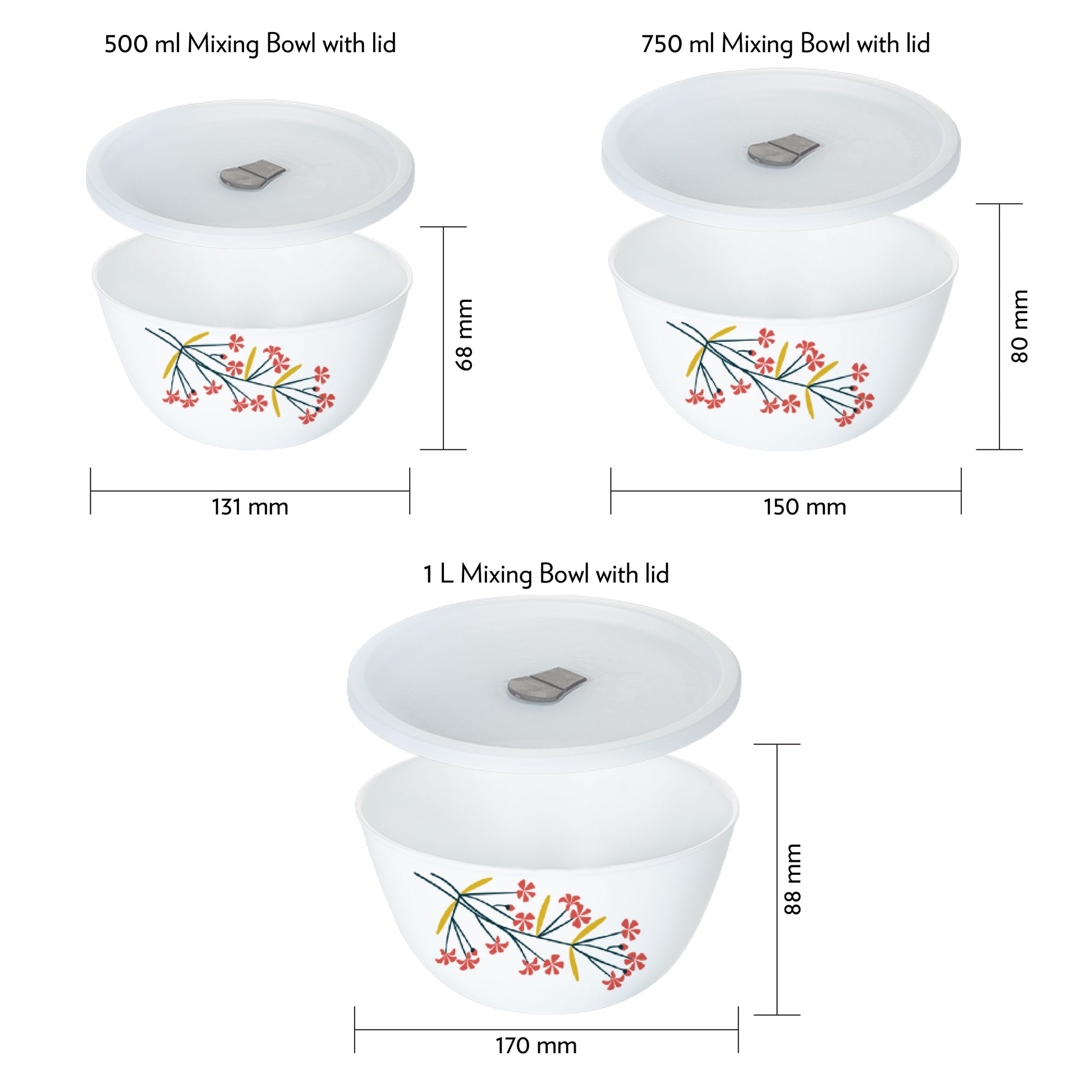 Larah by Borosil Red Bud 4 pc Mixing Bowl, 1 L + 750 ml + 500 ml