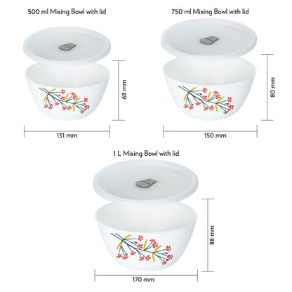Larah by Borosil Red Bud 4 pc Mixing Bowl, 1 L + 750 ml + 500 ml