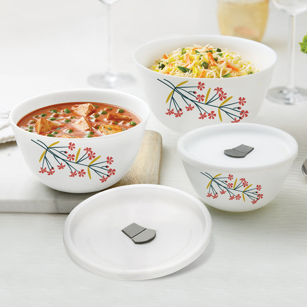 Larah by Borosil Red Bud 4 pc Mixing Bowl, 500 ml + 1 L + 1.5 L