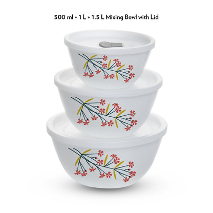 Larah by Borosil Red Bud 4 pc Mixing Bowl, 500 ml + 1 L + 1.5 L