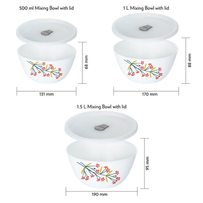 Larah by Borosil Red Bud 4 pc Mixing Bowl, 500 ml + 1 L + 1.5 L