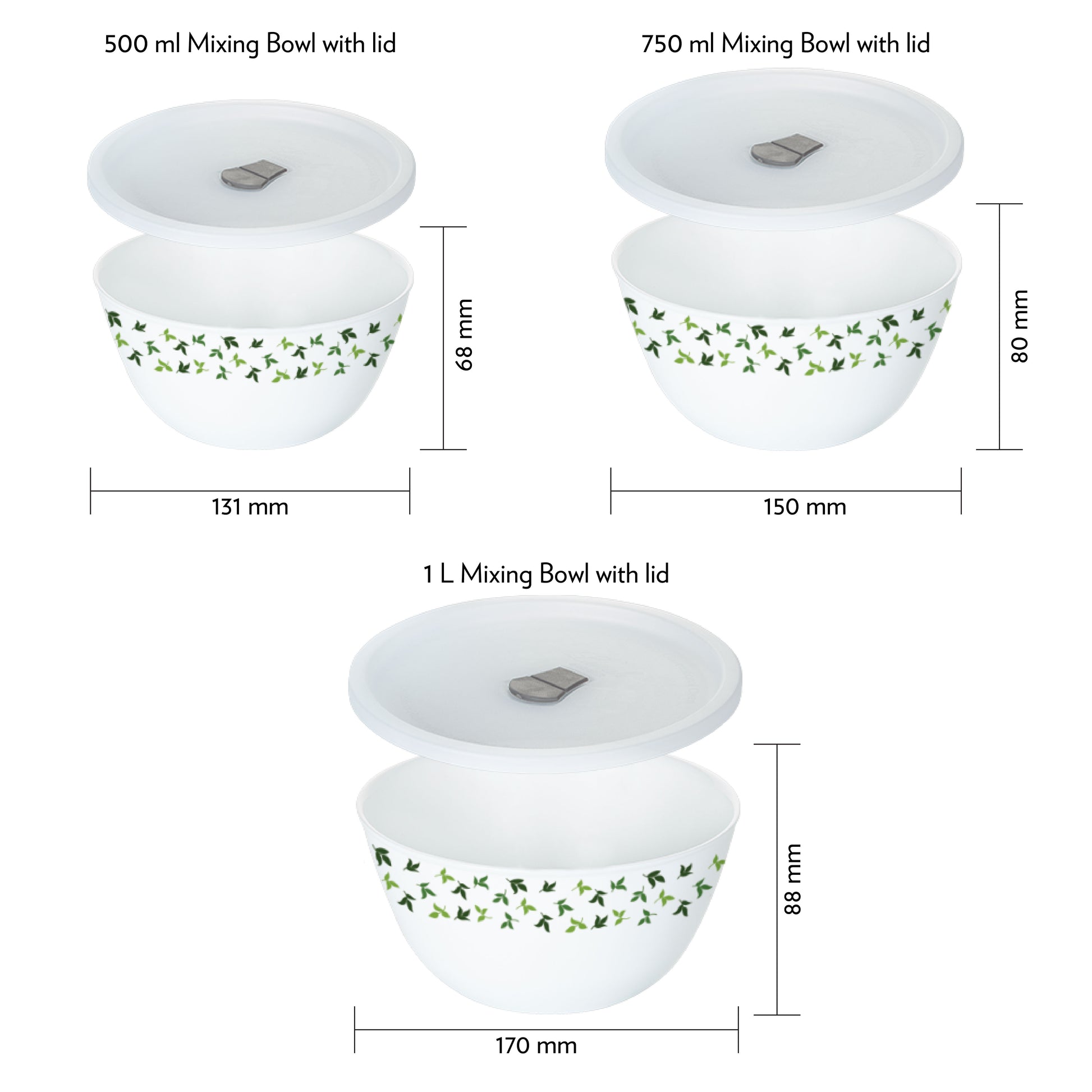 Larah by Borosil Sage 4 pc Mixing Bowl, 1 L + 750 ml + 500 ml
