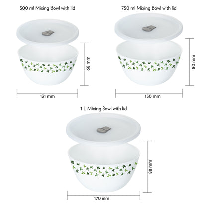 Larah by Borosil Sage 4 pc Mixing Bowl, 1 L + 750 ml + 500 ml