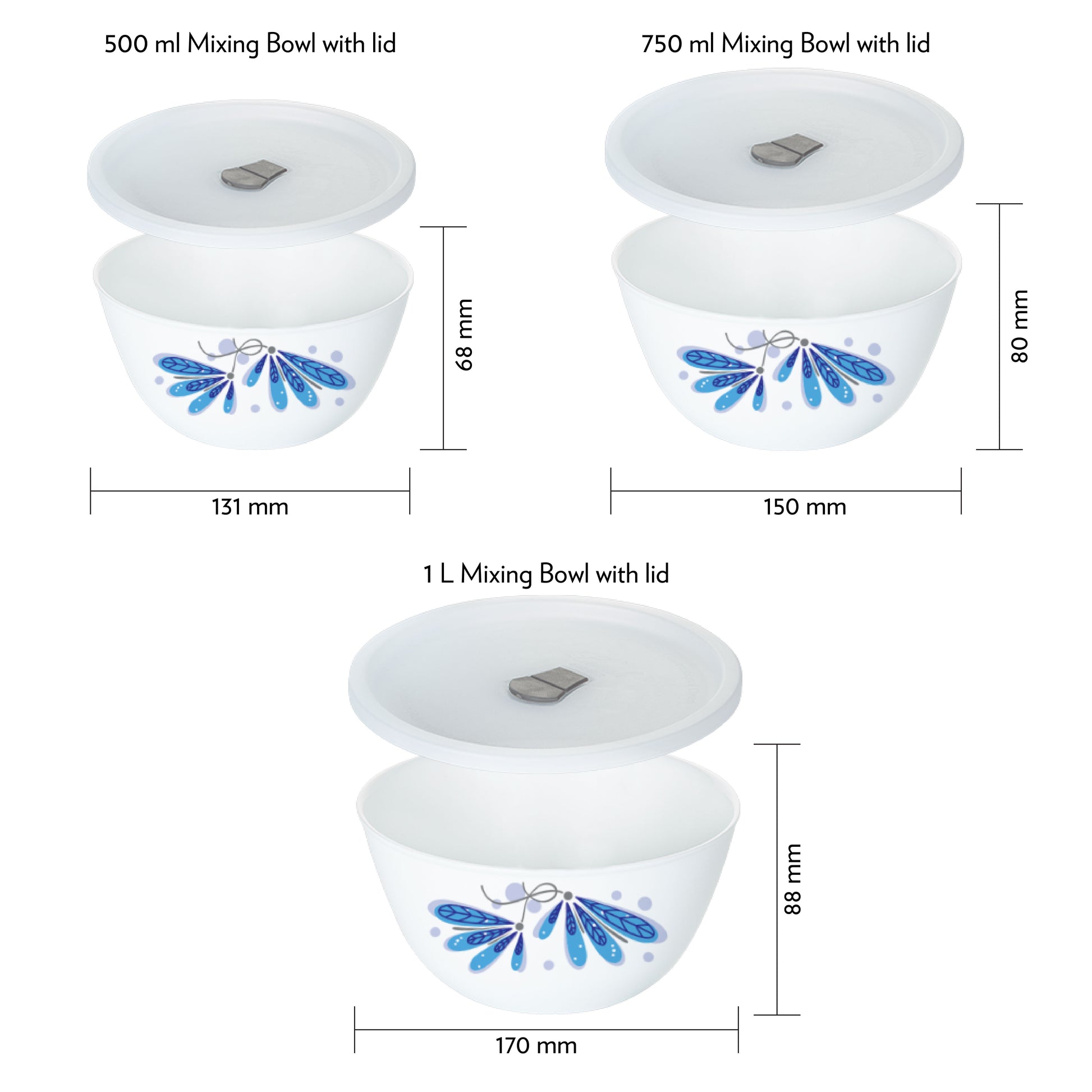Larah by Borosil Twilight 4 pc Mixing Bowl, 1 L + 750 ml + 500 ml