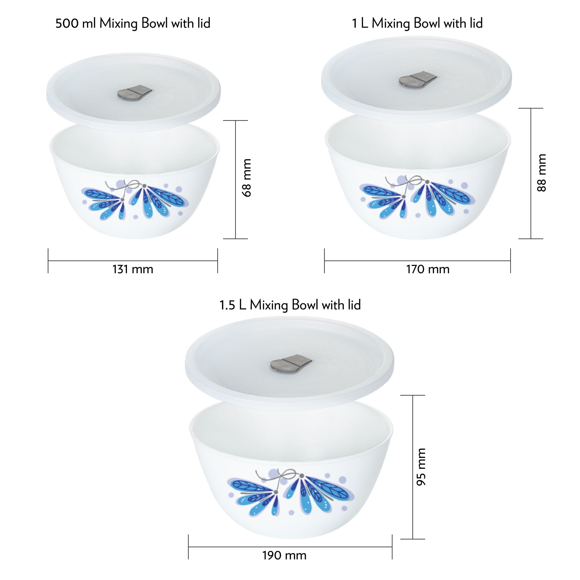 Larah by Borosil Twilight 4 pc Mixing Bowl, 500 ml + 1 L + 1.5 L