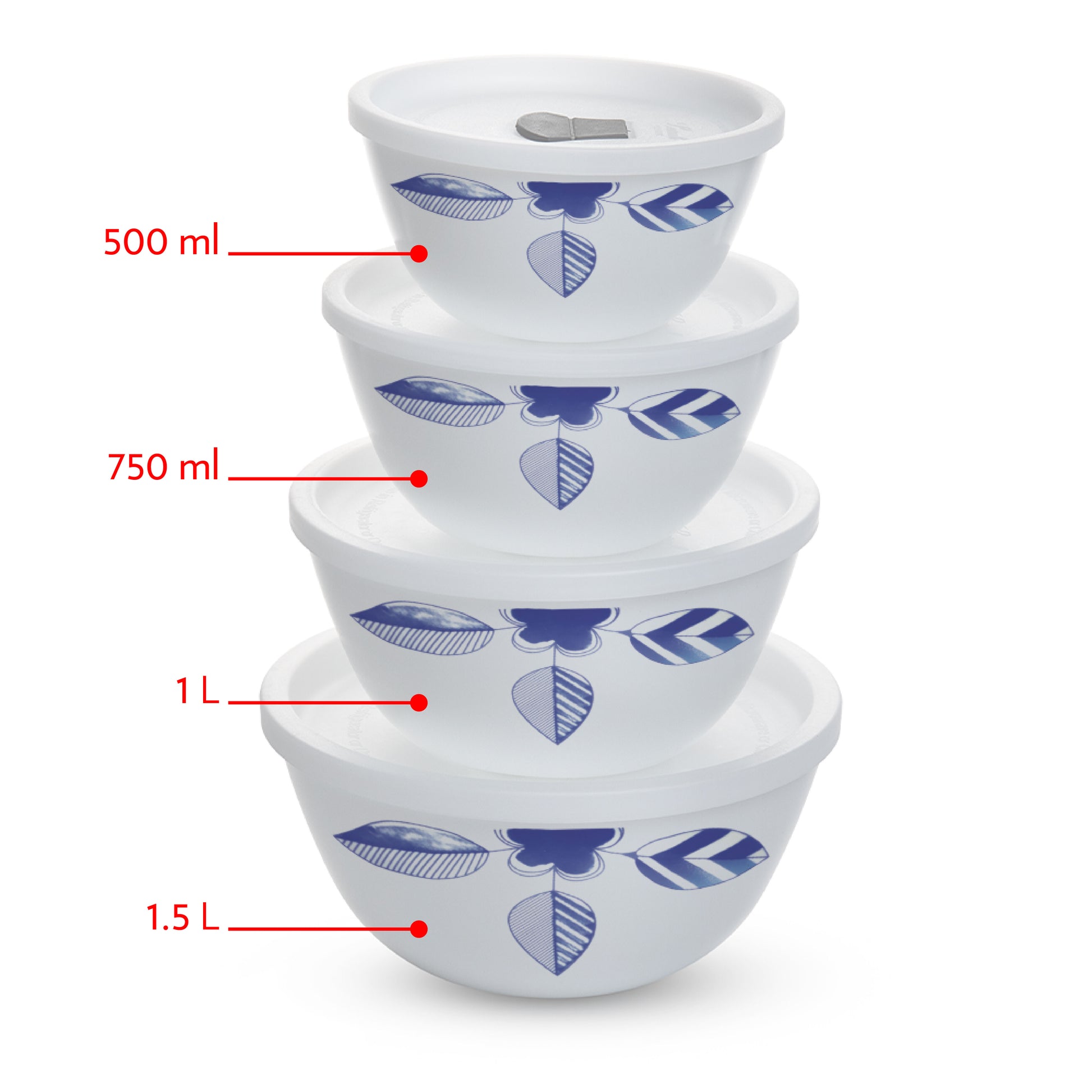 Larah by Borosil Morning Glory 4 pc Mixing Bowl, 500 ml + 750 ml + 1 L + 1.5 L