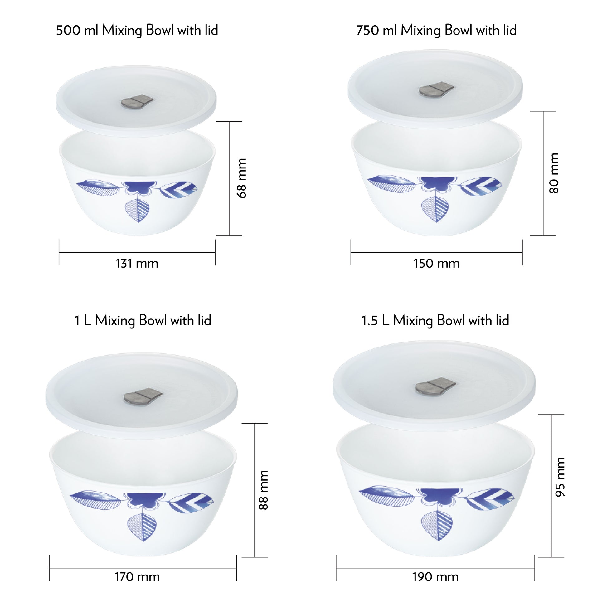 Larah by Borosil Morning Glory 4 pc Mixing Bowl, 500 ml + 750 ml + 1 L + 1.5 L