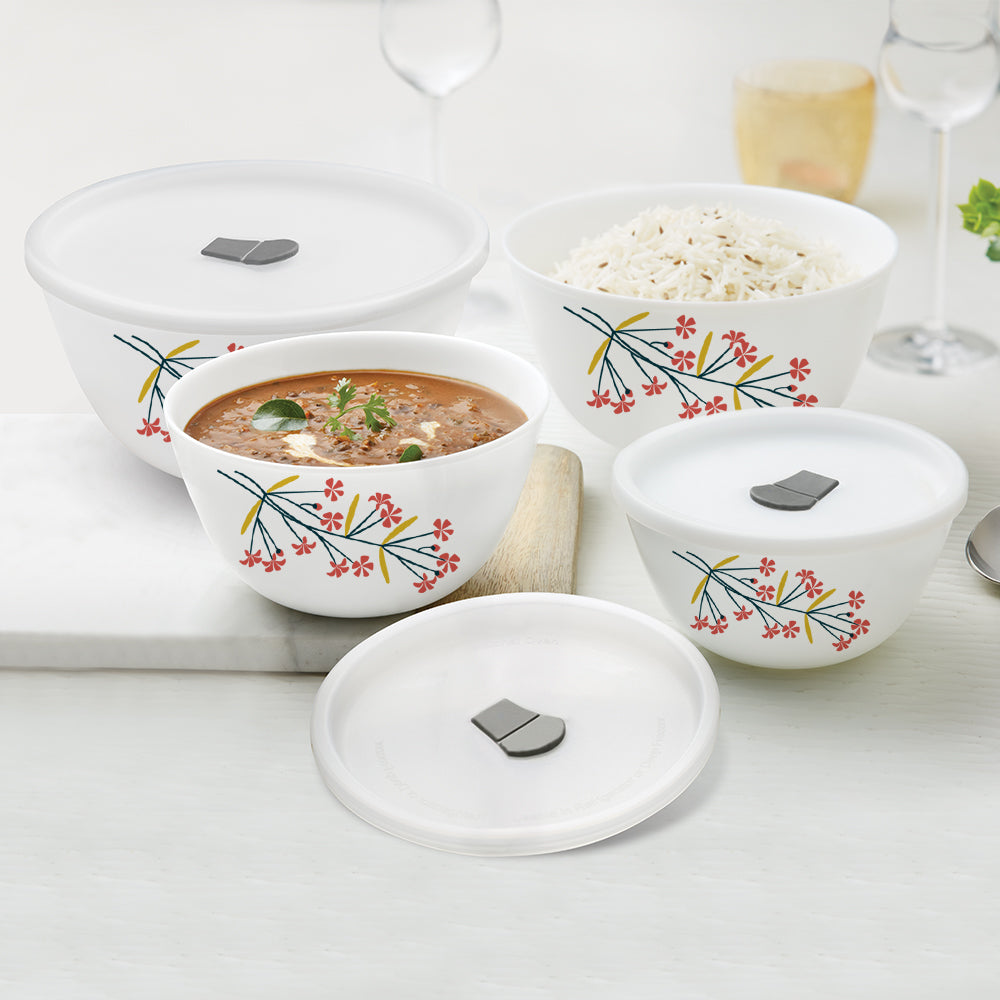 Larah by Borosil Red Bud 4 pc Mixing Bowl, 500 ml + 750 ml + 1 L + 1.5 L