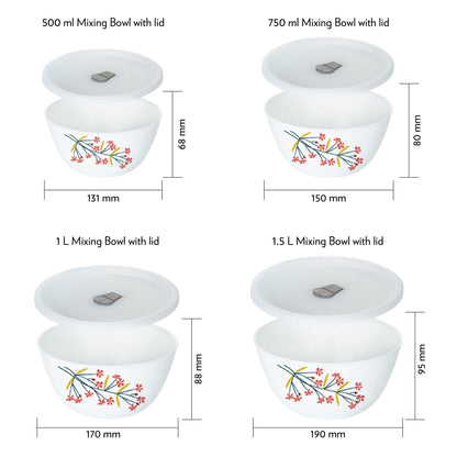 Larah by Borosil Red Bud 4 pc Mixing Bowl, 500 ml + 750 ml + 1 L + 1.5 L