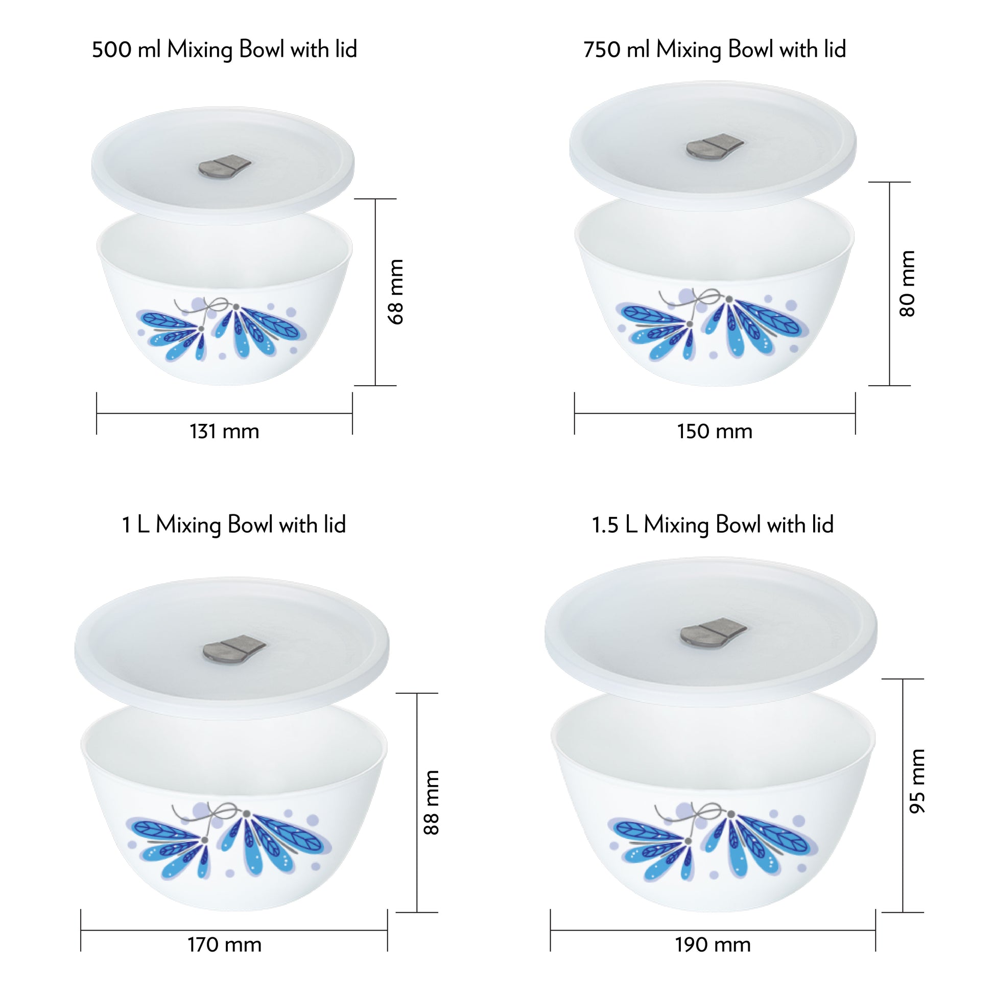 Larah by Borosil Twilight 4 pc Mixing Bowl, 500 ml + 750 ml + 1 L + 1.5 L