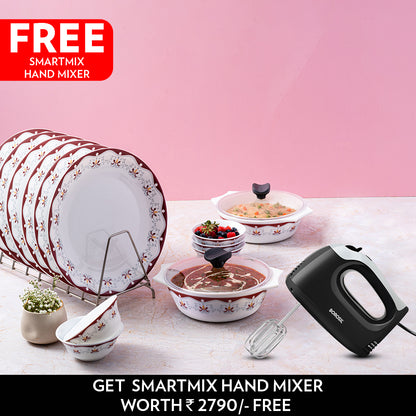 Larah by Borosil Home Chef Set-Buy Royal Brown 16 pc Dinner Set & Get Smartmix Hand Mixer Free worth ₹ 2,790/-