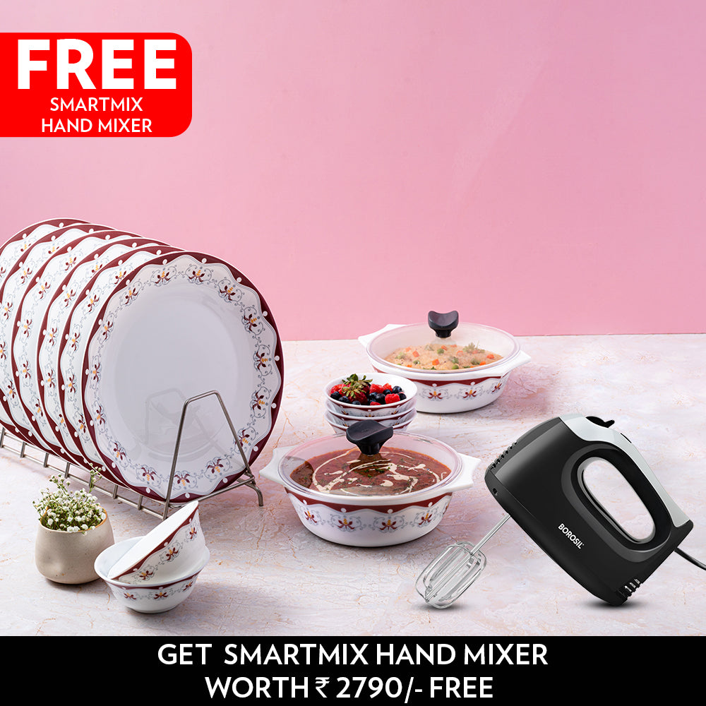 Larah by Borosil Home Chef Set-Buy Royal Brown 16 pc Dinner Set & Get Smartmix Hand Mixer Free worth ₹ 2,790/-
