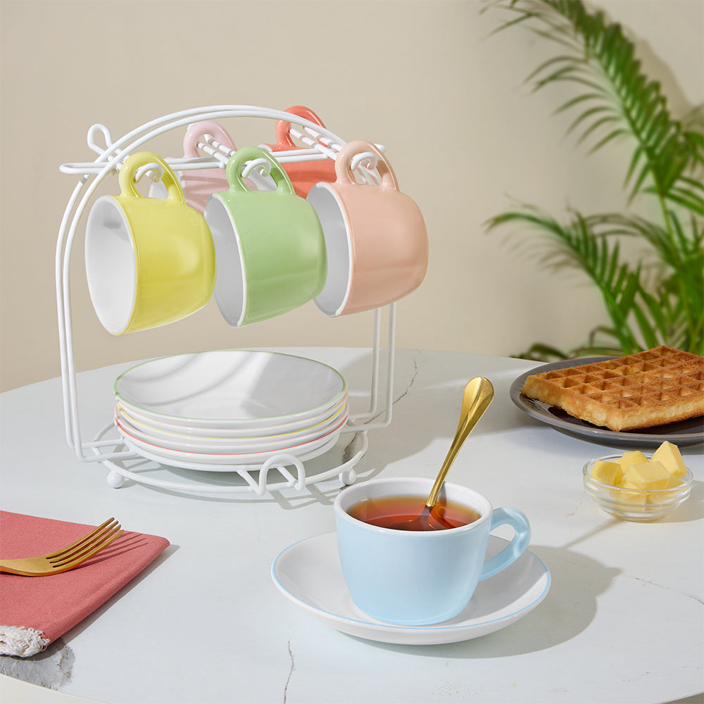 Larah Cup n Saucer Set with Caddy, Assorted