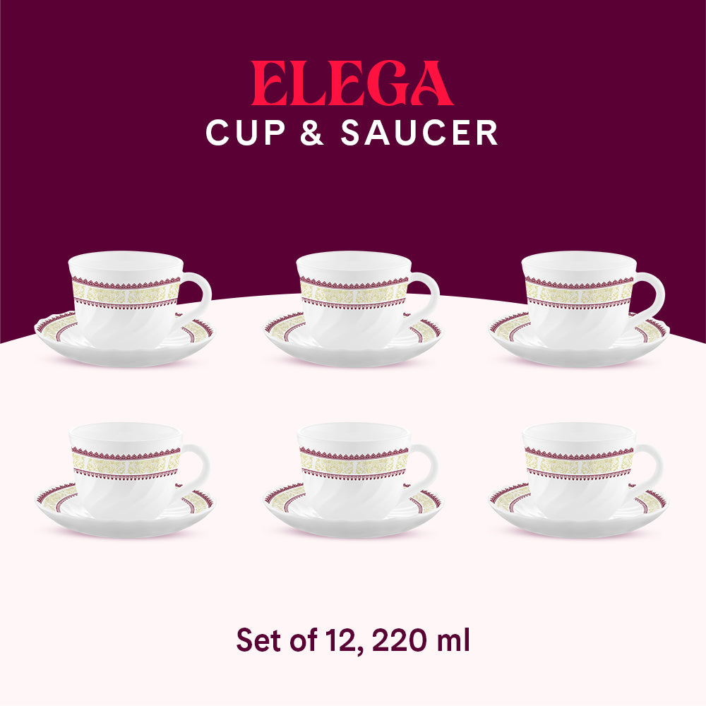 Larah by Borosil Elega Cup n Saucers Set 220 ml x 12