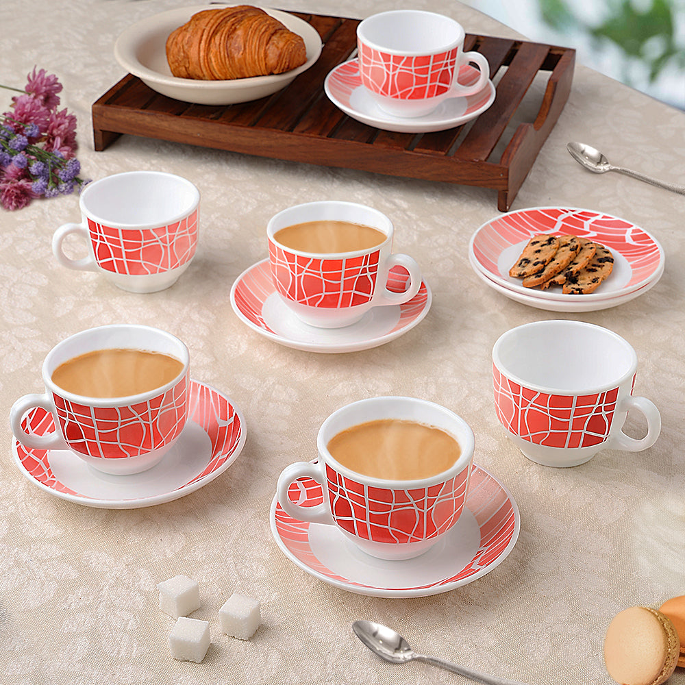 Larah by Borosil Flamingo Cup n Saucers Set, 220ml x 12